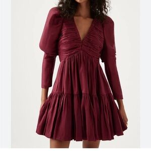 AJE Impasto Burgundy V-Neck Puff Sleeve Mini Dress